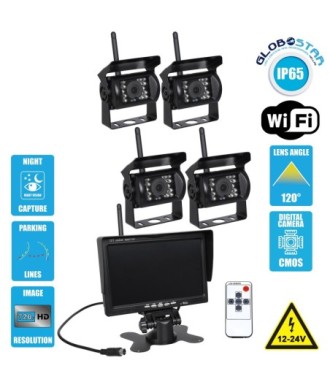 GloboStar® 86032 4 x WiFi Έγχρωμες Κάμερες 720p CMOS HD Οπισθοπορείας Αυτοκινήτου-Φορτηγού DC 12-24V 170° με Οθόνη 7" DC 12-24V Night Capture με Parking Lines και Ασύρματο Χειριστήριο Αδιάβροχη IP65